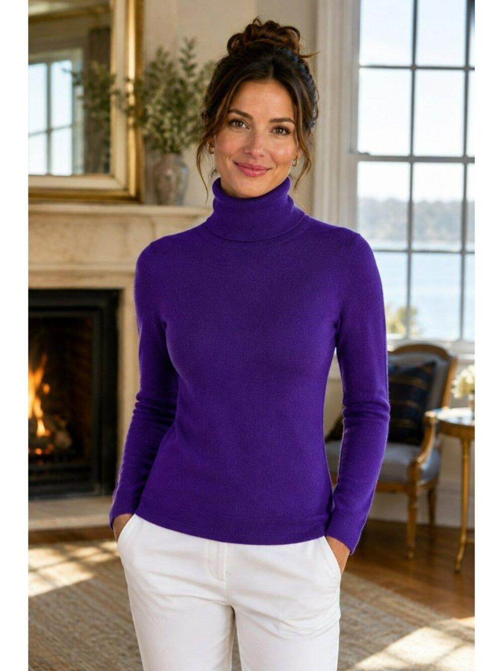 Black Saks Fifth Avenue Womens Purple Cashmere Turtleneck Sweater Size S Made In - Picture 6 of 8
